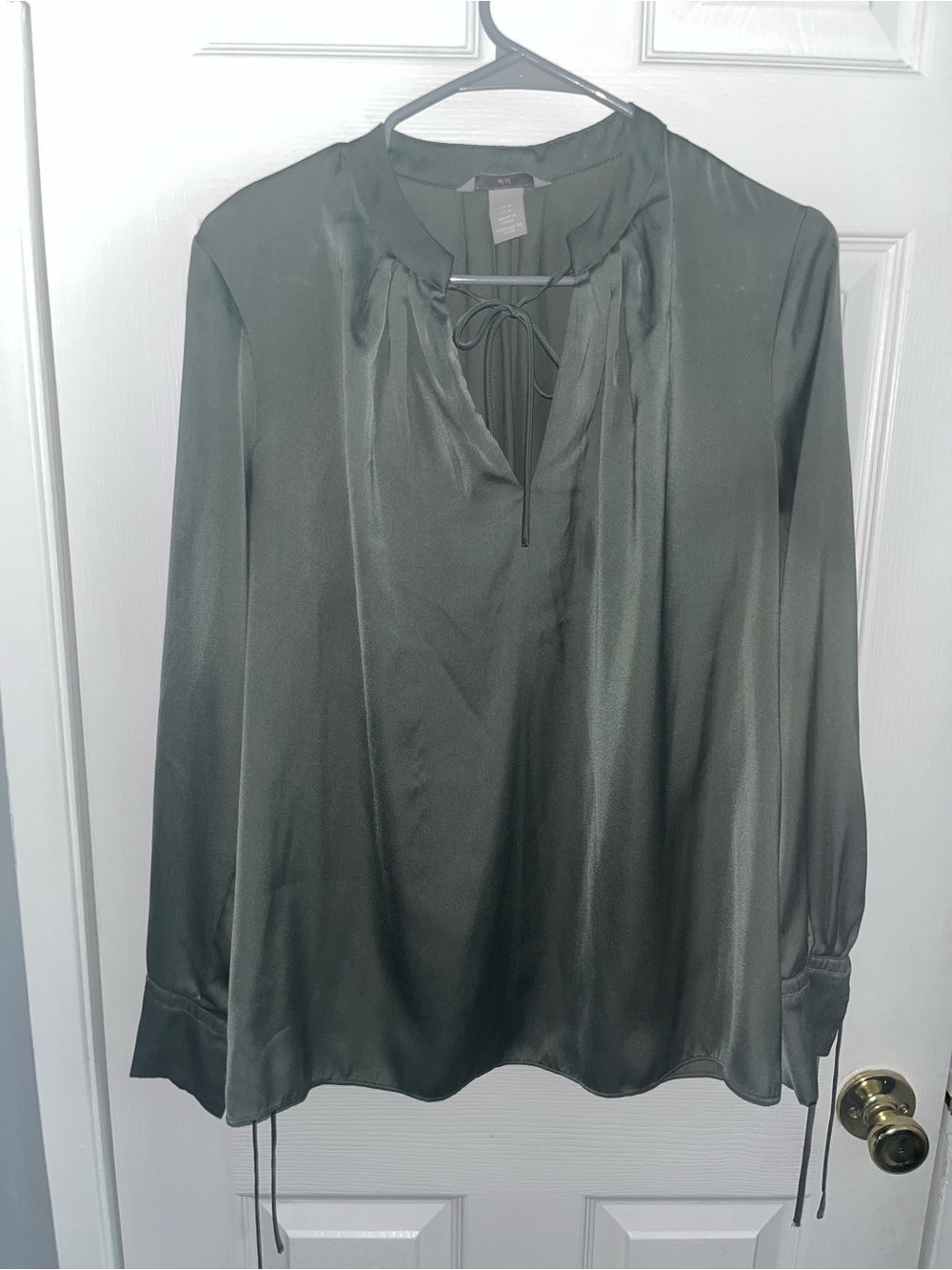 H&M Sage Green Satin Long-Sleeve Tie-Neck Blouse